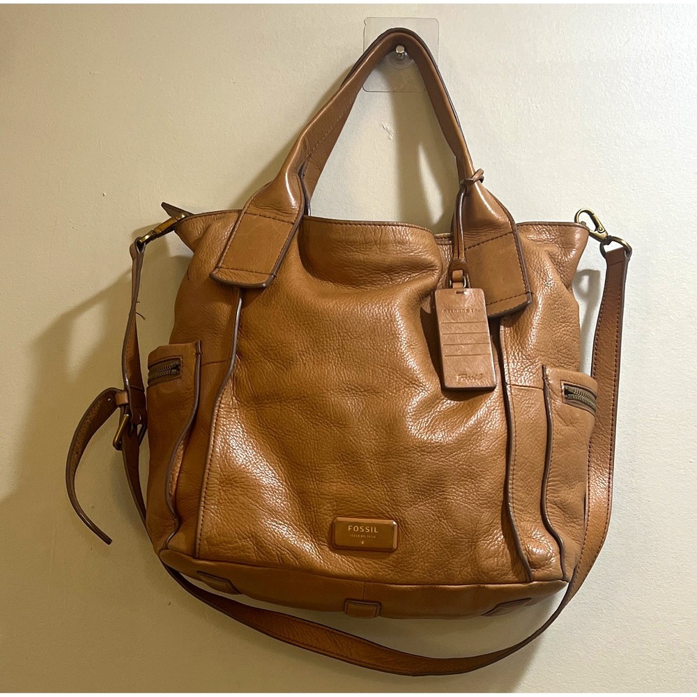 Fossil Brown Pebbled Satchel Top Handle Bag Zip, Adjustable Detachable Strap